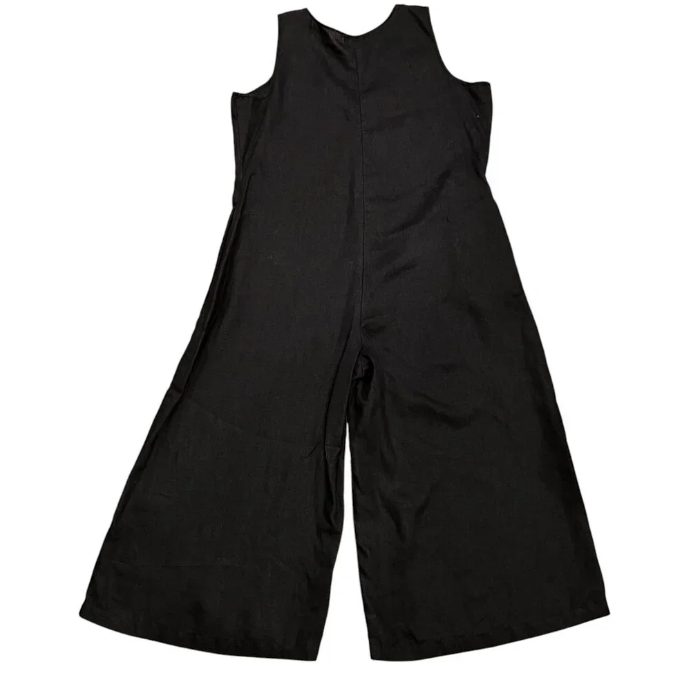 Neiman Marcus Sleeveless Linen Wide Leg Cropped Jumpsuit, Black, L